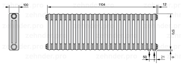 Схема (чертеж) Радиатор Zehnder Charleston 3057/24 №5510 Белый глянцевый RAL 9016